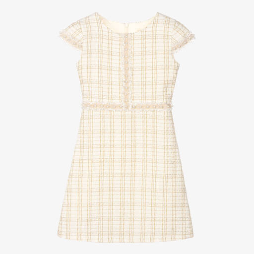David Charles-Girls Ivory & Gold Tweed Pearl Dress | Childrensalon Outlet