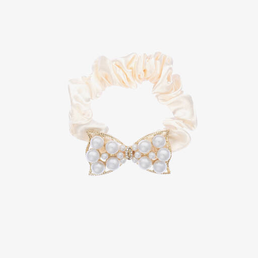 David Charles-Girls Ivory Pearl Bow Scrunchie | Childrensalon Outlet