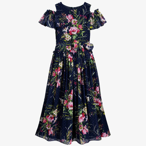 David Charles-Girls Long Blue Chiffon Dress | Childrensalon Outlet