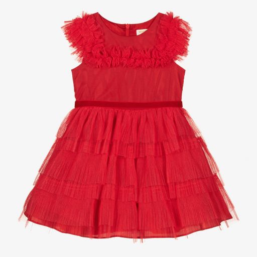 David Charles-Красное платье с плиссированной юбкой из тюля для девочек | Childrensalon Outlet