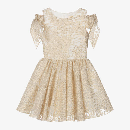 David Charles-Girls White Georgette & Gold Brocade Dress | Childrensalon Outlet