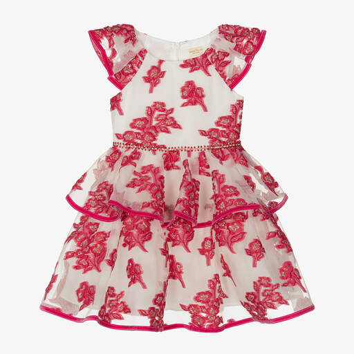 David Charles-Girls White Georgette & Pink Brocade Dress | Childrensalon Outlet