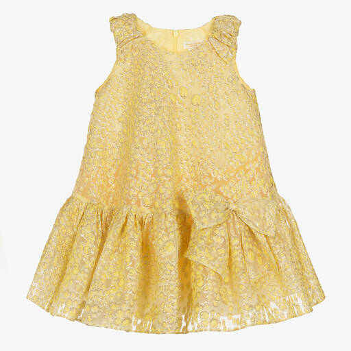 David Charles-Girls Yellow Jacquard Organza Dress | Childrensalon Outlet