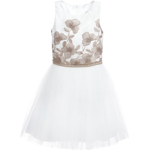David Charles-White Tulle Dress with Embroidered Bronze Flowers | Childrensalon Outlet