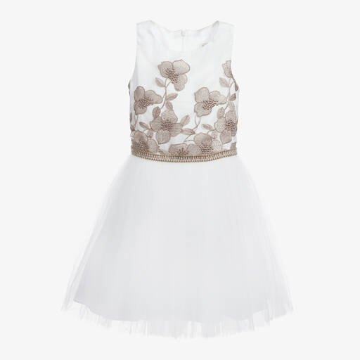 David Charles-White Tulle Dress with Embroidered Bronze Flowers | Childrensalon Outlet