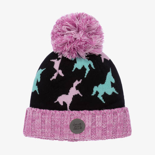 Deux par Deux-Girls Black Knit Pom-Pom Hat | Childrensalon Outlet