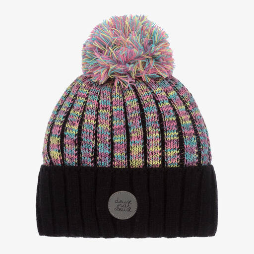 Deux par Deux-Bommel-Beanie in Schwarz und Rosa | Childrensalon Outlet