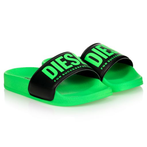 Diesel-Green & Black Logo Sliders | Childrensalon Outlet
