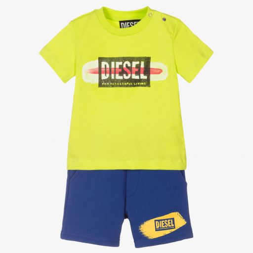 Diesel-طقم شورت أطفال ولادي قطن جيرسي لون أخضر فاقع وأزرق | Childrensalon Outlet