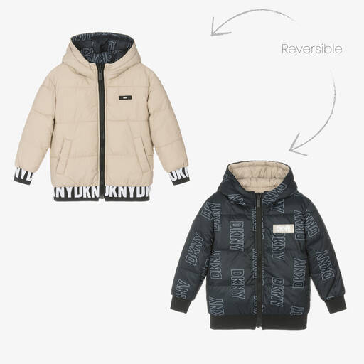 DKNY-Black & Beige Reversible Puffer Jacket | Childrensalon Outlet