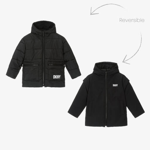 DKNY-Black Reversible Hooded Puffer Coat | Childrensalon Outlet
