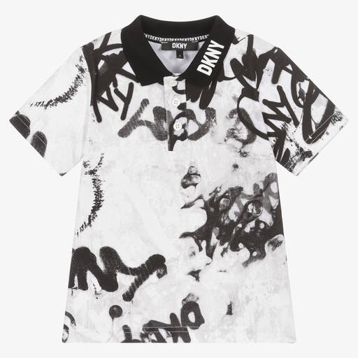 DKNY- Boys Black & White Graffiti Polo Shirt | Childrensalon Outlet