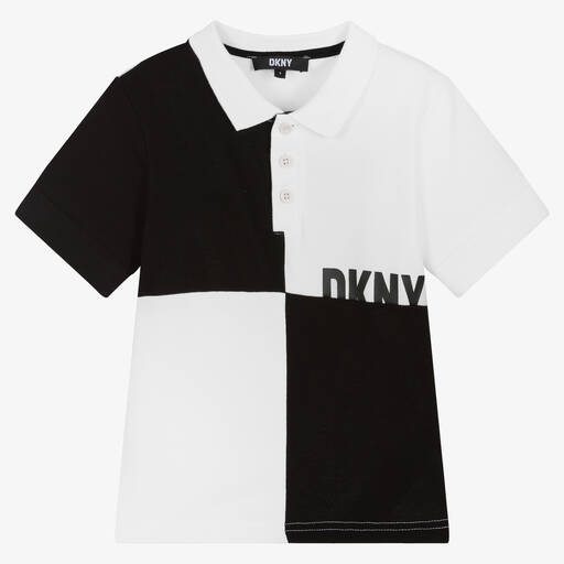 DKNY-توب بولو قطن بيكيه لون أسود وأبيض للأولاد | Childrensalon Outlet