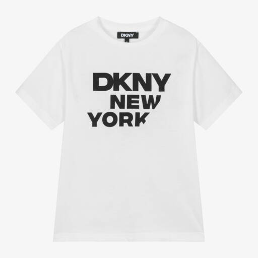DKNY-تي شيرت قطن أبيض للأولاد بشعار أسود | Childrensalon Outlet