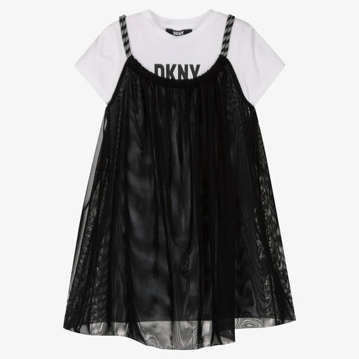 DKNY-فستان قطن جيرسي وشبك لون أبيض وأسود | Childrensalon Outlet
