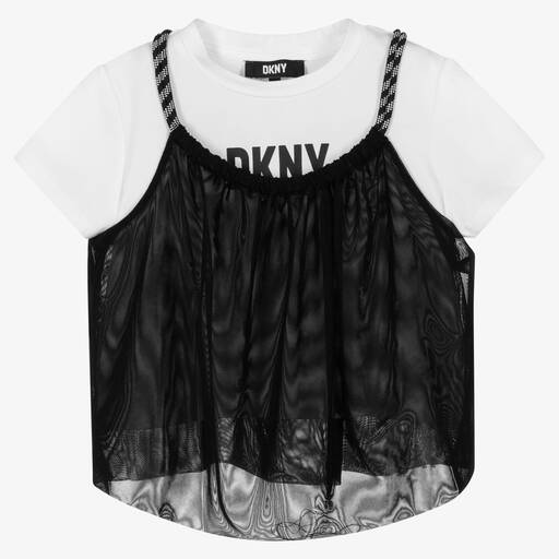 DKNY-T-shirt 2 en 1 noir et blanc fille | Childrensalon Outlet