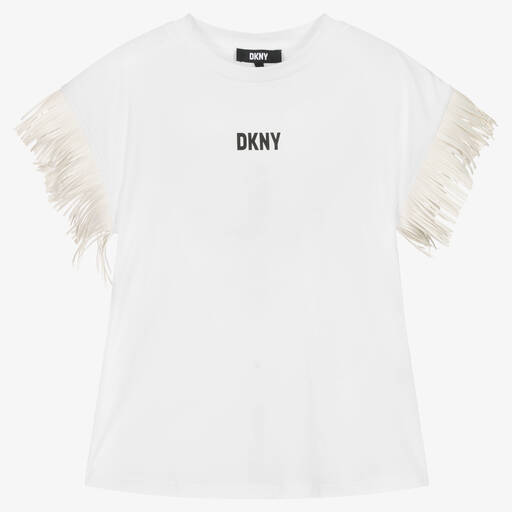 DKNY-Robe blanche en coton à franges | Childrensalon Outlet
