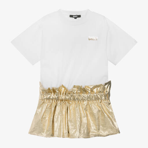 DKNY-Girls White & Gold Cotton Dress | Childrensalon Outlet