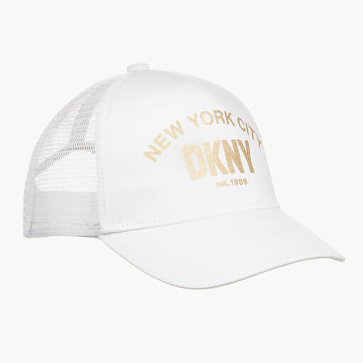 DKNY-كاب قطن تويل وشبك لون أبيض للبنات | Childrensalon Outlet