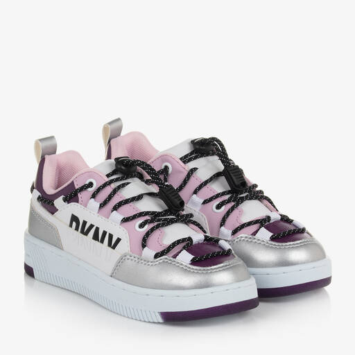 DKNY-Girls White & Pink Faux Leather Trainers | Childrensalon Outlet
