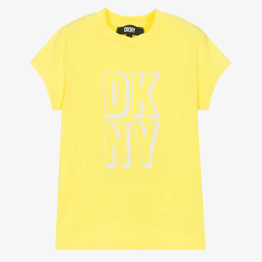 DKNY-Girls Yellow Cotton Logo T-Shirt | Childrensalon Outlet