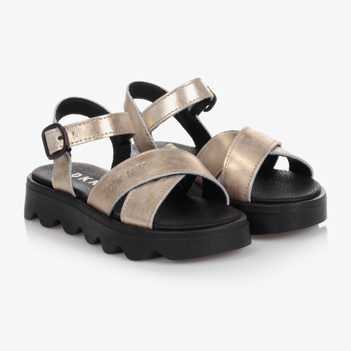 DKNY-Gold Leather Logo Sandals | Childrensalon Outlet