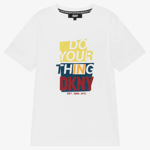 DKNY-T-shirt blanc en coton ado garçon | Childrensalon Outlet