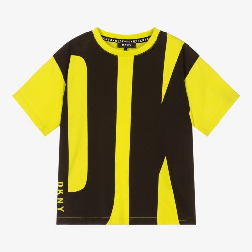 DKNY-تيشيرت تينز ولادي قطن لون أصفر نيون وأسود | Childrensalon Outlet