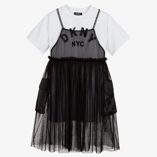 DKNY-فستان 2 في 1 فيسكوز جيرسي لون أبيض وأسود | Childrensalon Outlet