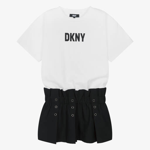 DKNY-فستان قطن لون أسود وأبيض للمراهقات | Childrensalon Outlet