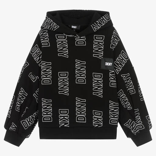 DKNY-Sweat à capuche noir et blanc en coton ado fille | Childrensalon Outlet