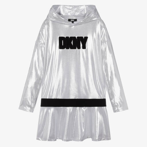 DKNY-فستان هودي لون فضّي متاليك تينز بناتي | Childrensalon Outlet