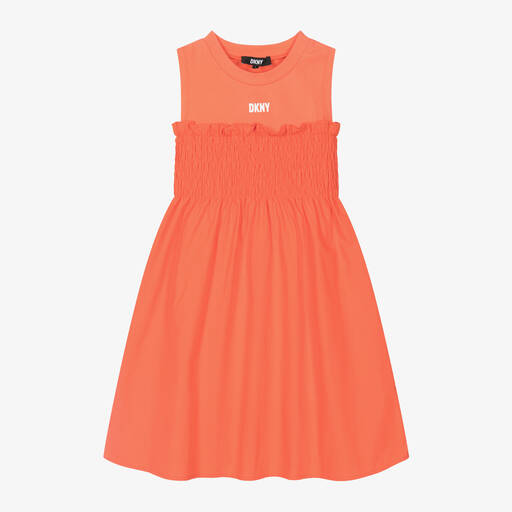 DKNY-Teen Girls Orange Shirred Cotton Dress | Childrensalon Outlet