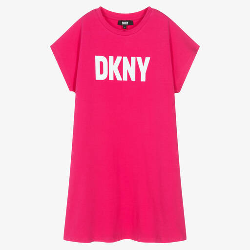 DKNY-فستان تيشيرت قطن عضوي جيرسي لون زهري فيوشيا | Childrensalon Outlet