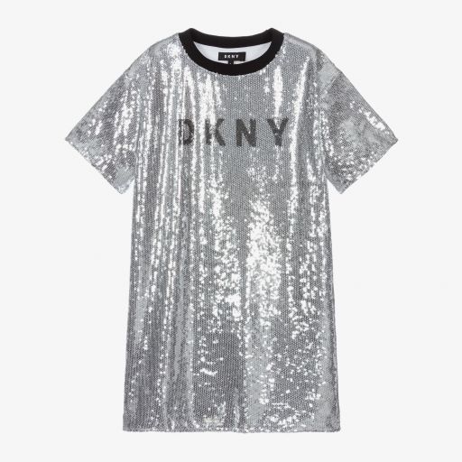 DKNY-فستان تينز بناتي مزين بترتر لون فضّي | Childrensalon Outlet