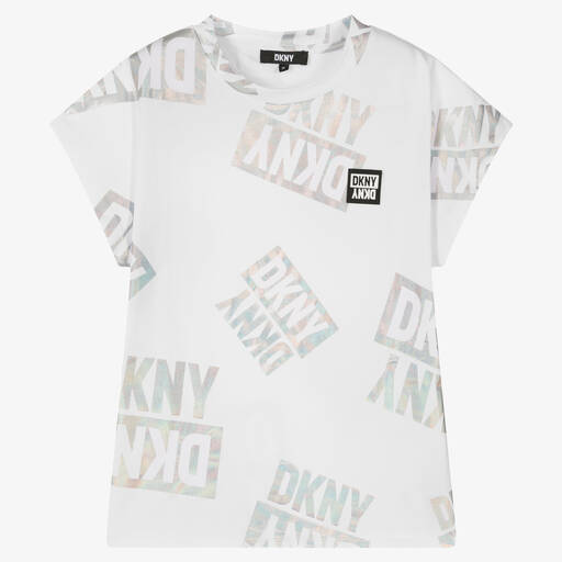 DKNY-Teen Girls White Iridescent Logo T-Shirt | Childrensalon Outlet