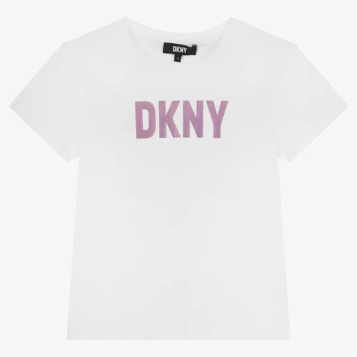 DKNY-Белая хлопковая футболка с розовым логотипом | Childrensalon Outlet