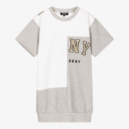 DKNY-فستان تينز قطن جيرسي لون رمادي وأبيض | Childrensalon Outlet