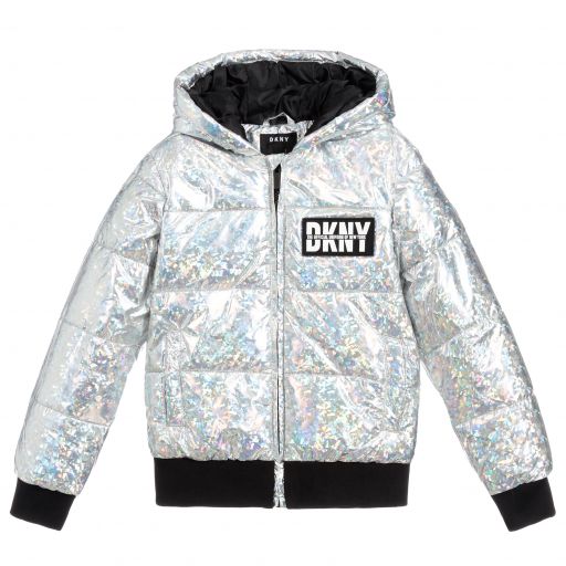 DKNY-Teen Silver Logo Puffer Jacket | Childrensalon Outlet