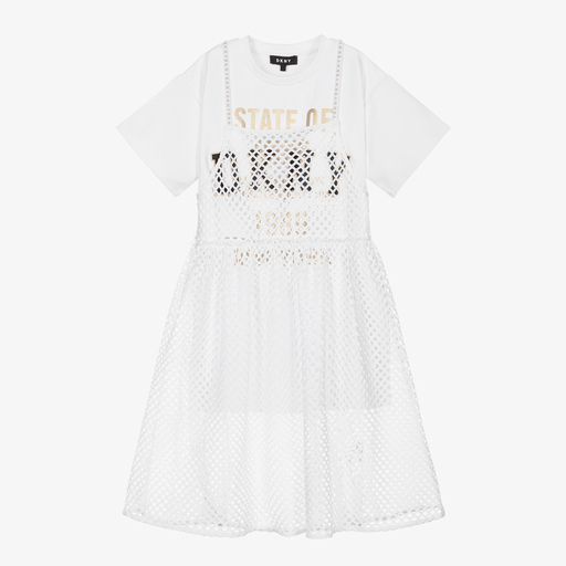 DKNY-Robe 2 en 1 blanche en maille filet Ado | Childrensalon Outlet