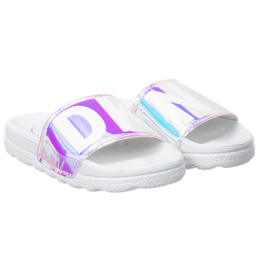 DKNY-White Iridescent Logo Sliders | Childrensalon Outlet