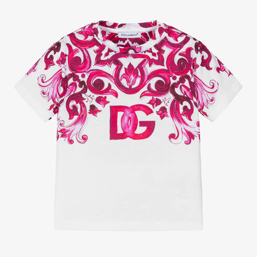 Dolce & Gabbana-Baby Girls Pink & White Majolica T-Shirt | Childrensalon Outlet
