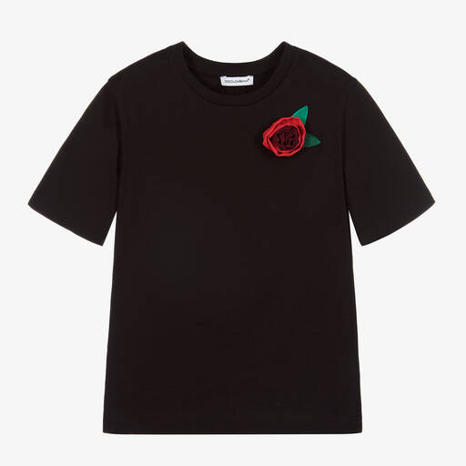 Dolce & Gabbana-تيشيرت قطن لون أسود مزين بوردة 3D للبنات | Childrensalon Outlet