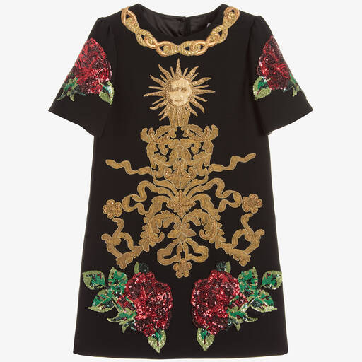 دولتشي آند غابانا-فستان لون أسود مطرز بورود | Childrensalon Outlet