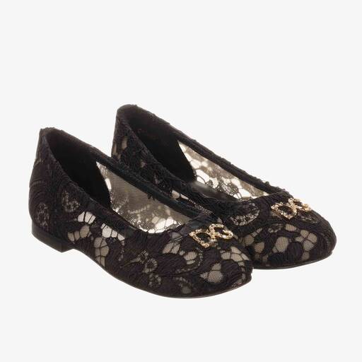 Dolce & Gabbana-حذاء دانتيل و جلد لون أسود و ذهبي برّاق للبنات | Childrensalon Outlet