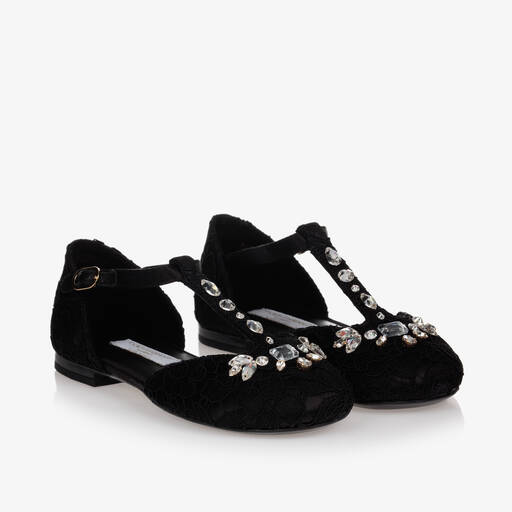 Dolce & Gabbana-Chaussures noires en satin et en dentelle | Childrensalon Outlet