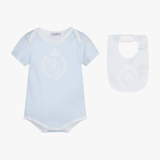 Dolce & Gabbana-هدية بادي ومريلة قطن لون أزرق وأبيض للمواليد | Childrensalon Outlet