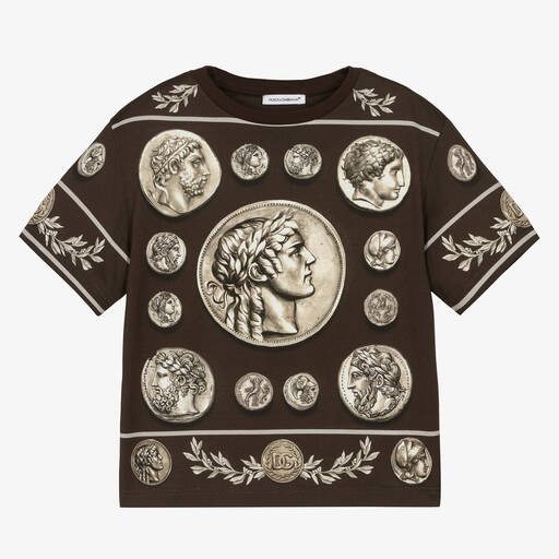 Dolce & Gabbana-Boys Brown Cotton Roma Coin T-Shirt | Childrensalon Outlet