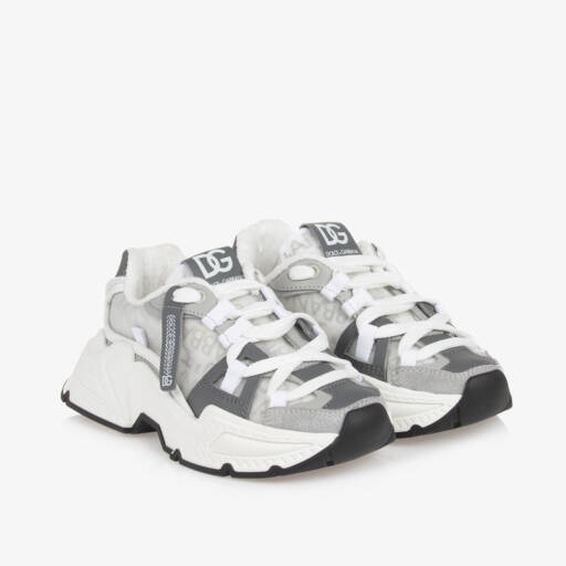 Dolce & Gabbana-Boys Grey Leather Mesh Trainers | Childrensalon Outlet