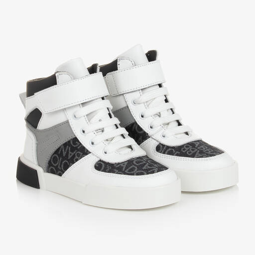 Dolce & Gabbana-Boys White High-Top Leather Trainers | Childrensalon Outlet